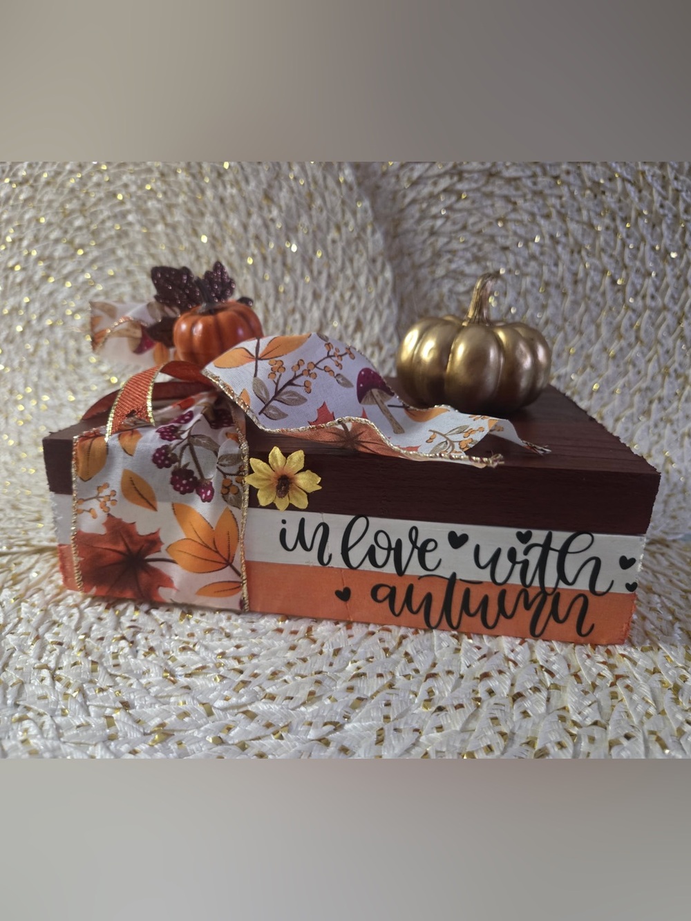 Autumn Floral Ribbon & Pumpkin Decorative Book Stack - Orange